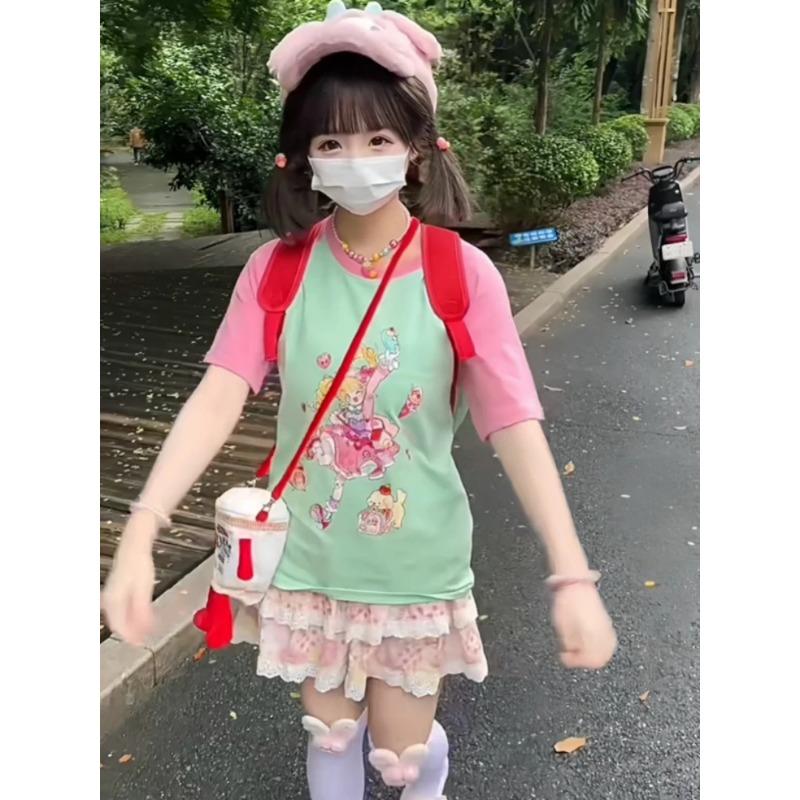 Y2k Harajuku Patchwork T Shirts Women Japanese Style Preppy Style Casual Cartoon Print Loose Tees Tops Soft Girl 2024