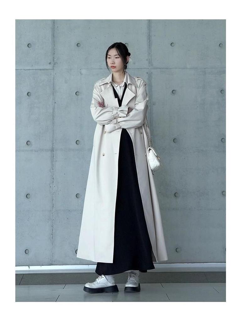 Women's Extra Long Grey Trench Coat, Spring/Autumn 2025, Ankle-Length Casual Outerwear