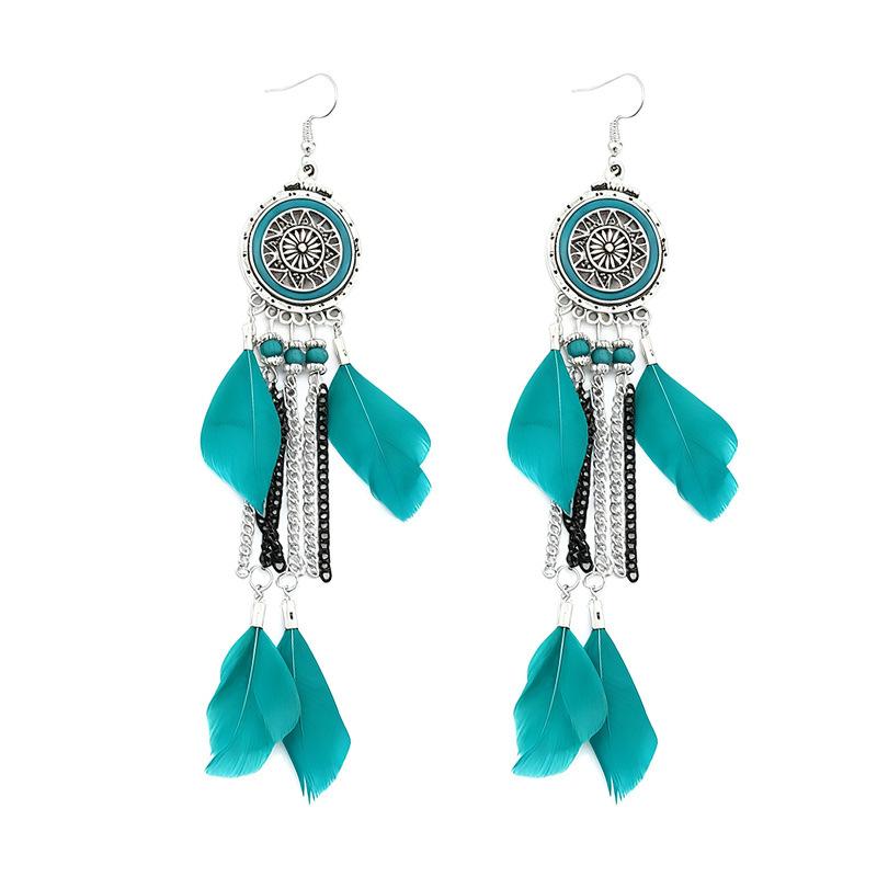 Vintage Bohemian Feather Tassel Earrings Exaggerated Ethnic Vacation Dangle Ear Jewelry Fashion Accessories For Women