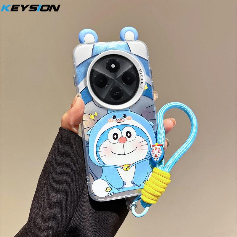 KEYSION Cute Ear Cartoon Case for Redmi 14C with Lanyard Soft Silicone+PC Shockproof Phone Back Cover for Xiaomi POCO C75