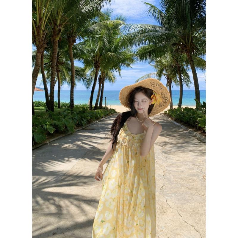 

Seaside Vacation Yellow Print Suspender Dress Women s French Small Fresh and Sweet Summer Beautiful Long Skirt S жёлтый