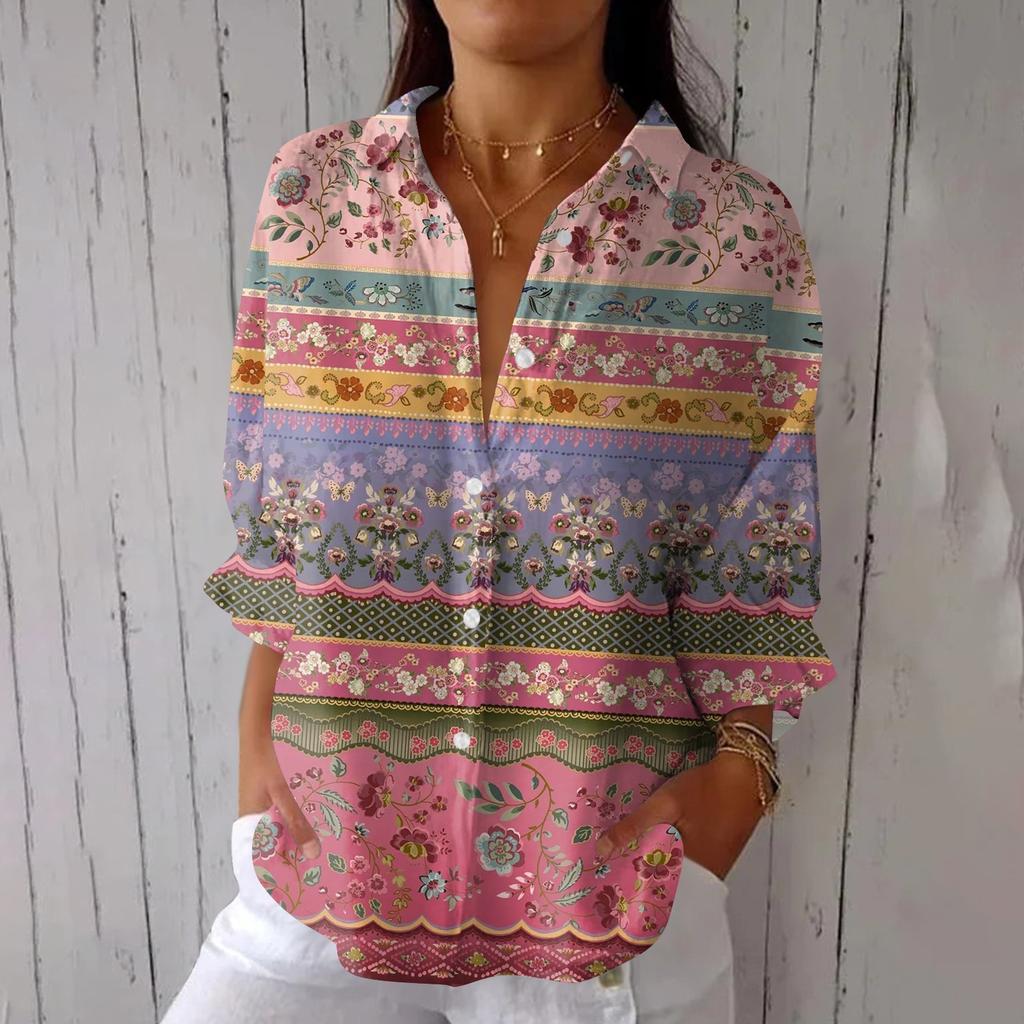 Women's Fashion Seven Sleeve Casual Lapel Back Tie Shirt Printed T-Shirt Top