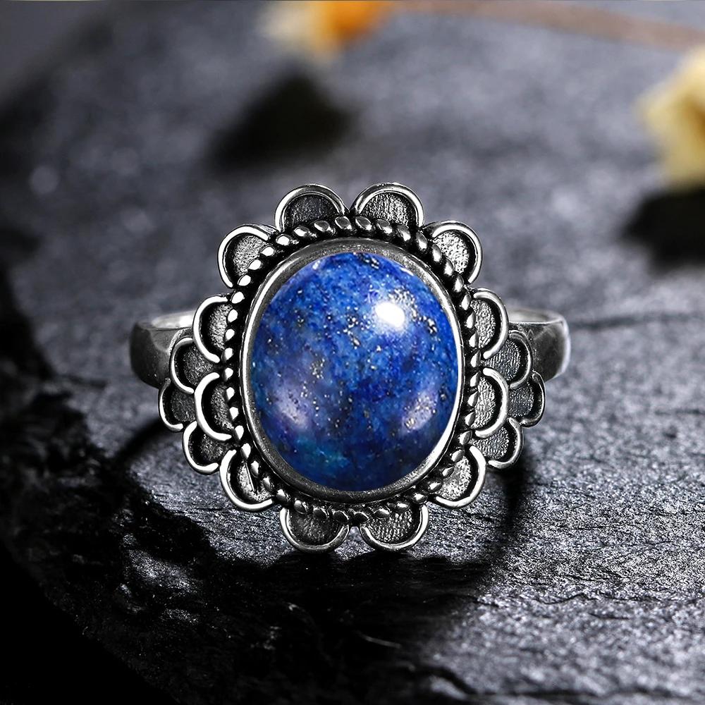 Natural 8*10MM Lapis Lazuli Finger Ring  Rings for Women Gift S Silver Flower Shaped Ring
