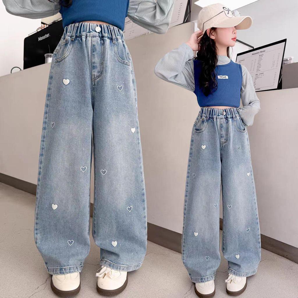 Girls' Rhinestone Denim Straight-Leg Pants - Stylish Spring Autumn Wide-Leg for Medium-Large Students (2026)