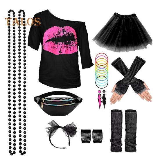 80er Jahre Kostüm Accessoire Set – Inkl. Stirnband, Ohrringe, Netzhandschuhe, Halskette & Mehr (schwarz)