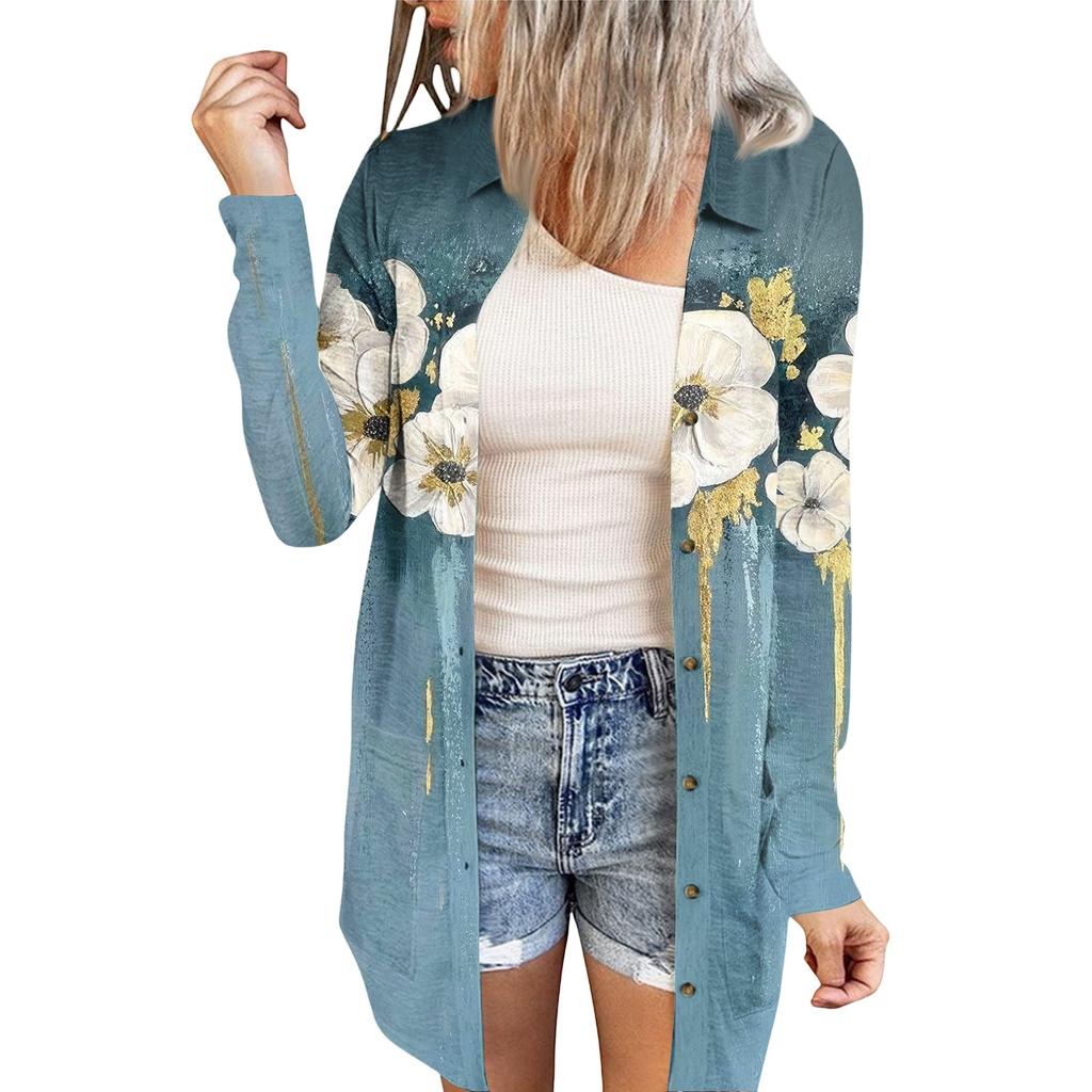 Women's Casual Fashion Floral Print Long Sleeve Mid-Length Cardigan Jacket