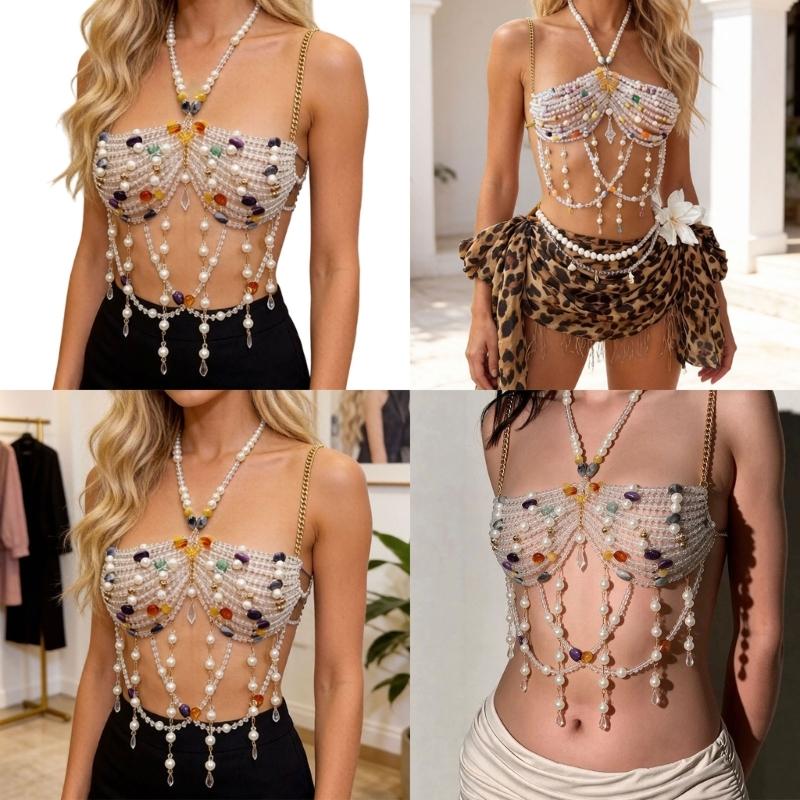 Beaded Body Chain Necklace, Draped Chest Jewelry With Glossy Multicolor Beads, Adjustable Halter Design for Festival and Vacation Styling