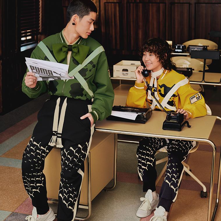 PUMA Cartoon Print Colorblock Zip-Up Baseball Collar Padded Jacket Unisex Jackets Mist-Green 539893-80