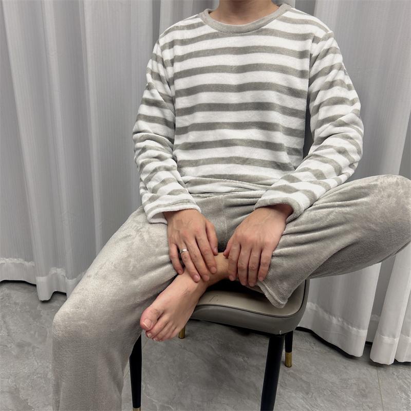 Novo conjunto de pijamas listrados cinza outono inverno para homens, pijamas quentes e macios, mangas compridas, conjunto de 2 peças para dormir