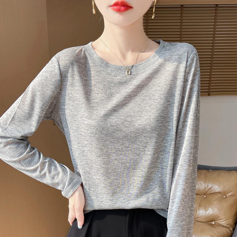 Women's Long Sleeve Round Neck Tencel Cotton Sheer T-Shirt - Slimming, Loose Fit, Knit Base Layer, New Basic Style