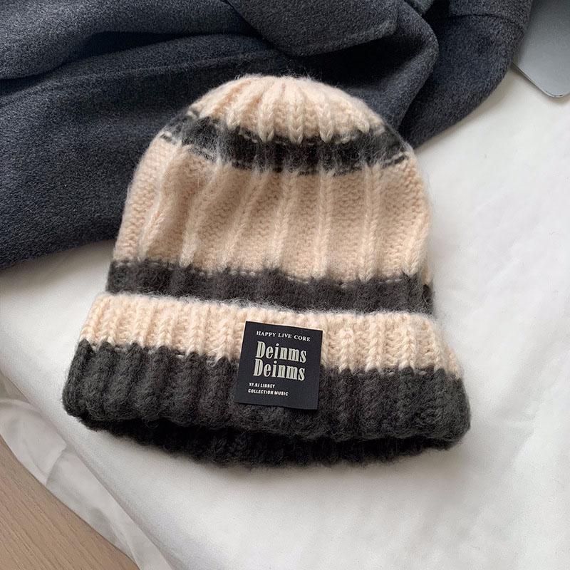 

Ricygvm Fashion Stripe Knitted Hat For Women Ear Protection Skullies Cap Unisex Winter Warm Crochet Bonnet Thicken Woolen Beanie Elastic