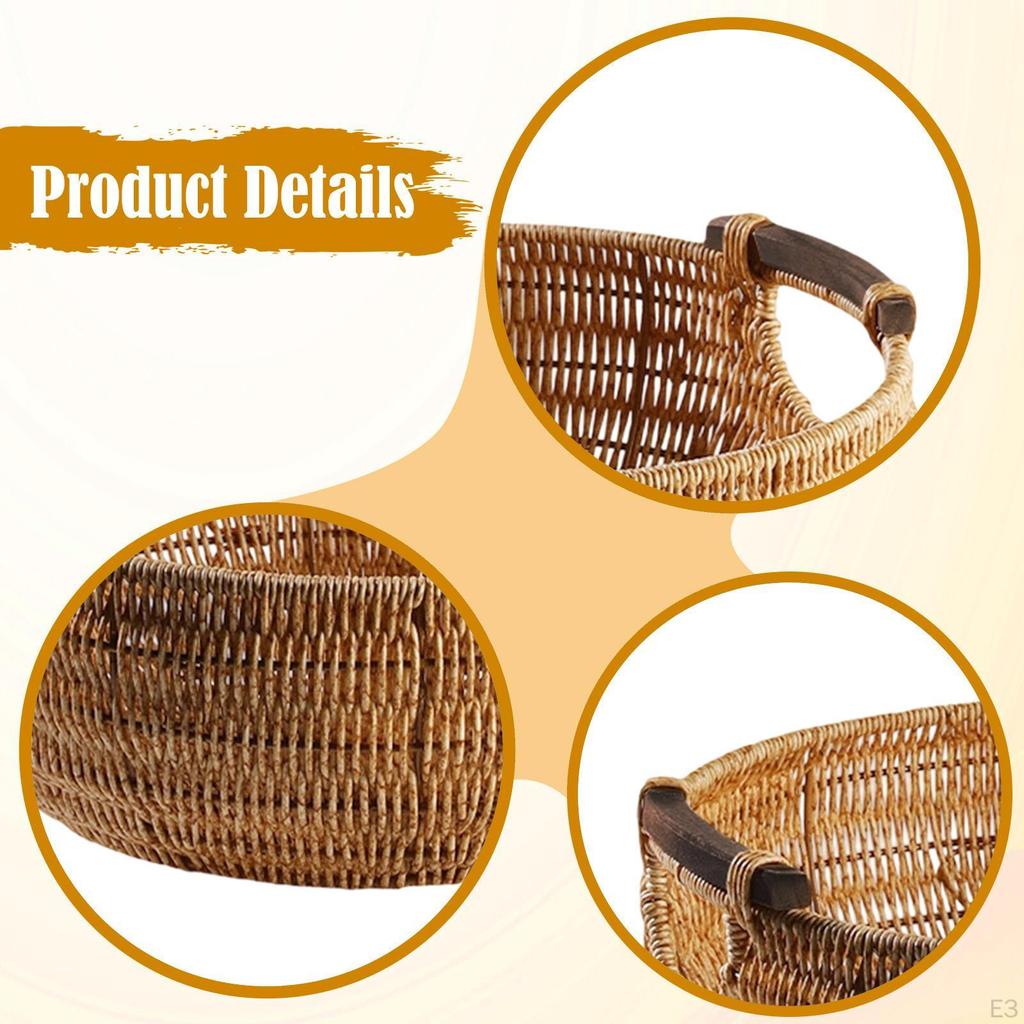 Woven Round Fruit Basket Bowl Display Dish Organizer Imitation Rattan Food Serving Tray for