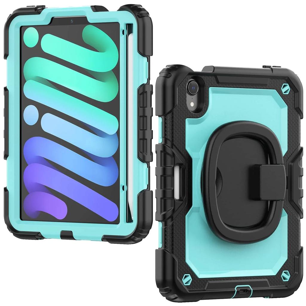 For iPad Mini 7 6 2025, Military Grade Shockproof Silicone Cover with 360 Folding Handle Grip + Handle Shoulder Strap