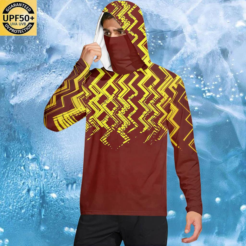 Men's Casual Geometric Print Hooded Long Sleeve Sun Protection Shirt Lightweight Breathable Fabric UV Protection Activewear Top