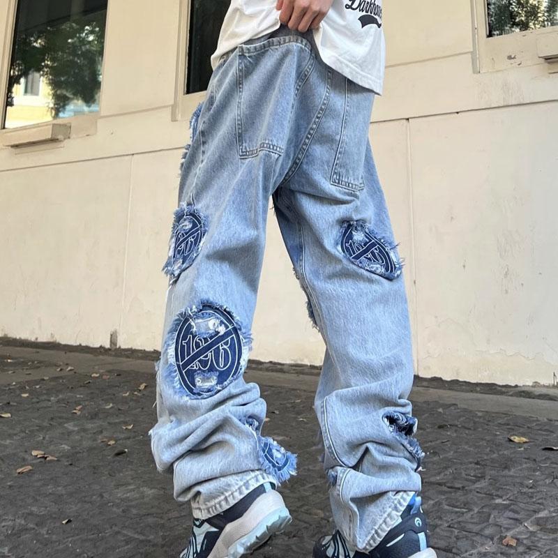 2024 Modische Retro-Jeans im Used-Look, bestickter Aufnäher für Herren, lässige Hose mit geradem Bein