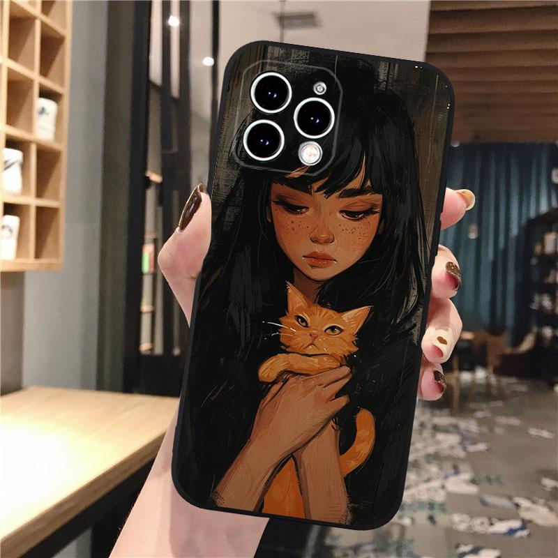 Anime Girl Woman Holding a Cat Phone Case For iphone 16 15 14 Pro Max 16 15 14 13 12 Pro 15Plus iphone 11