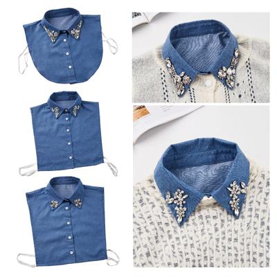 Denim Fake Collar Sparkling Rhinestones Adjustable Straps Machine Washable Detachable Collar Outfit Accessory