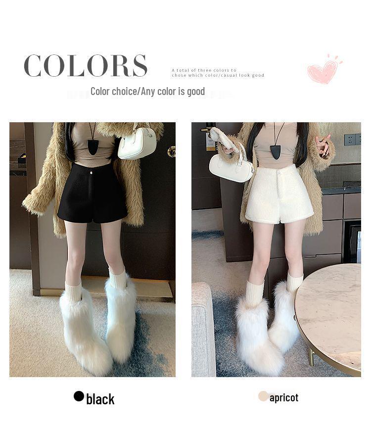 Women's High-Waist Plush A-Line Shorts - Fluffy White Wide-Leg Bootcut for Autumn/Winter
