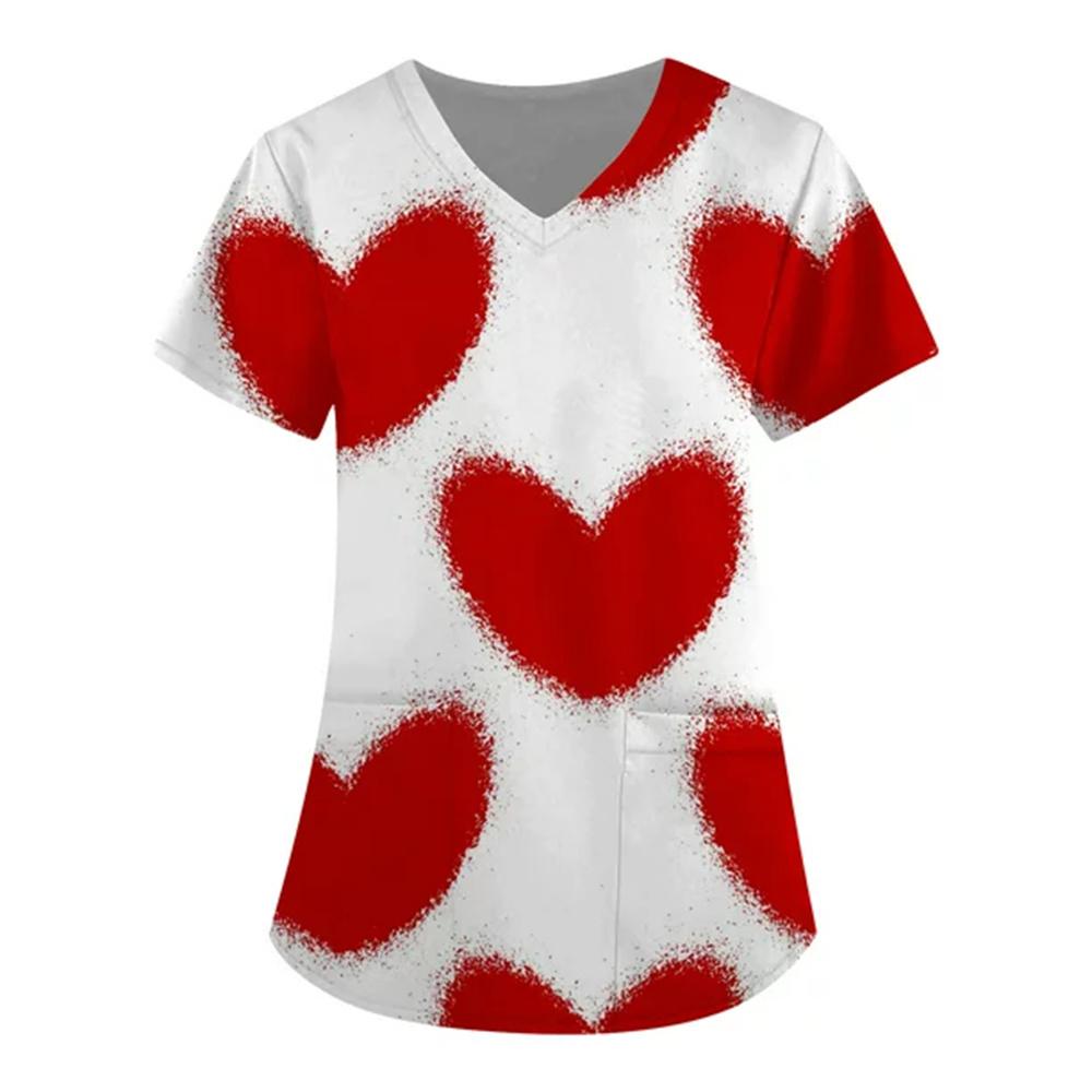 Women Valentines Day Ladies Nurse Uniform Love Print Gradient Short Sleeve Pocket Work Shirt Tunics Carer Medical Nursing Blouse