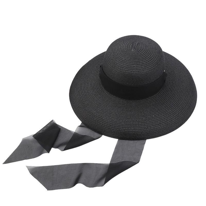 

GEMVIE Elegant Wide Brim Women Straw Hat Summer Beach Paper Sun Hats with Long Black Ribbon 56-58cm белый
