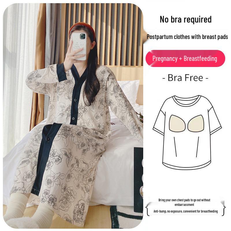 Long Sleeve Maternity Nightgown: Spring & Autumn Breastfeeding Pajamas with Cardigan for Pregnant Women