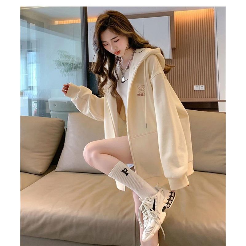 Women's Fleece Lined Zip Up Hoodie Cartoon Embroidery Casual Oversized Jacket