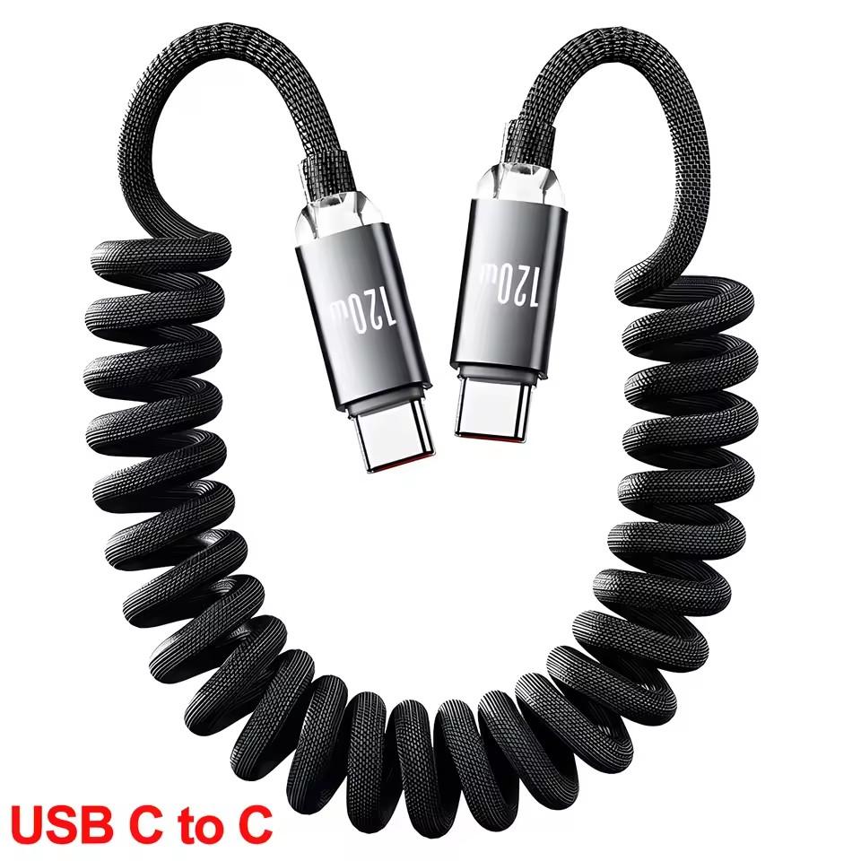 

1M/2M USB C To Type C Fast Charge Spring Cable Telescopic Charging Car Phone Charger Data Cord for iPhone Samsung USB Cables 1M
