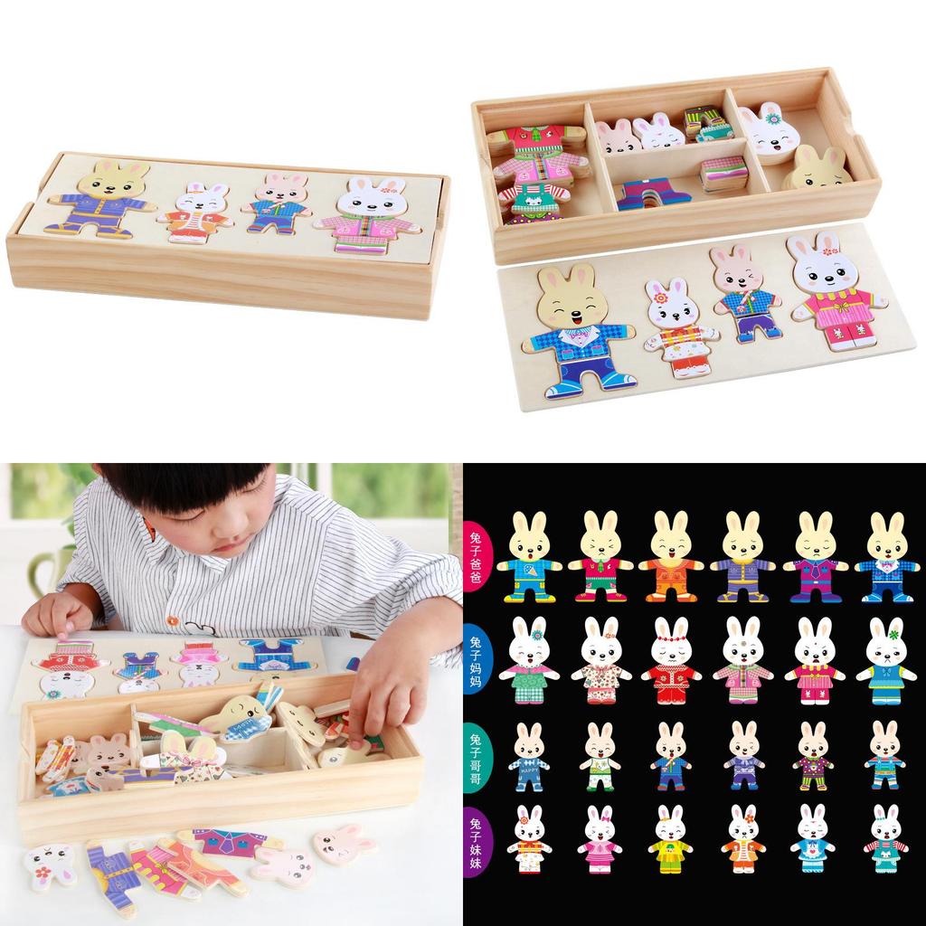 Wooden Childrens Toy With Little Rabbits Dress Up Puzzle For Learning And Play