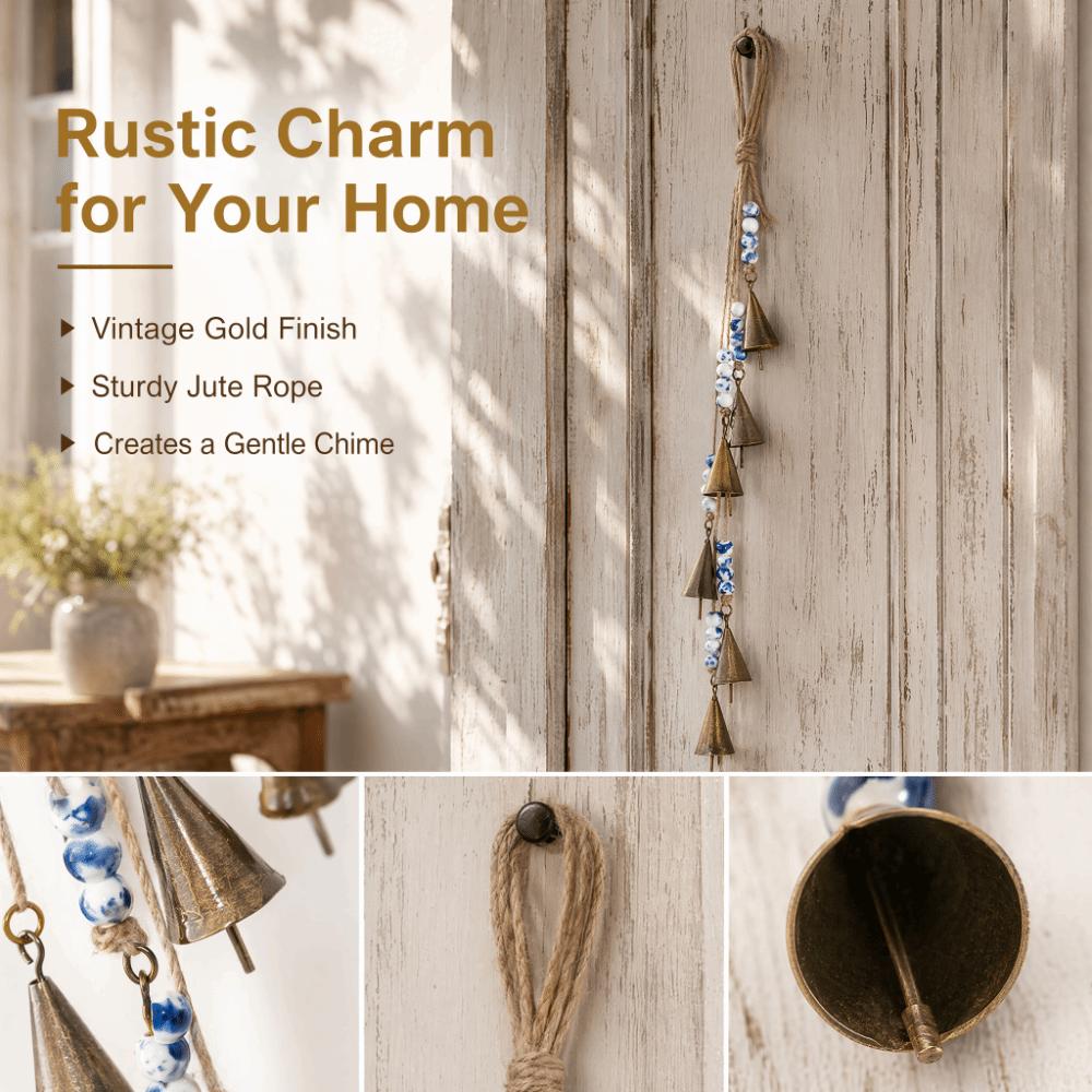 16.93in Rustic Metal Cowbell Built-in Metal Clapper Vintage Gold Wind Chime Home Wall Hanging