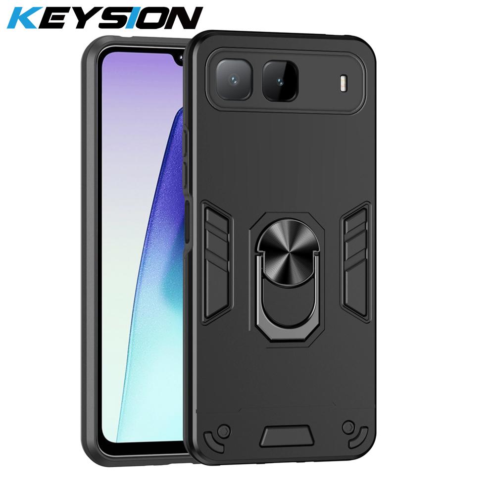 KEYSION Shockproof Armor Case for Infinix Hot 60i 5G Soft Silicone+PC Metal Ring Stand Phone Back Cover for Infinix Hot 60i 5G