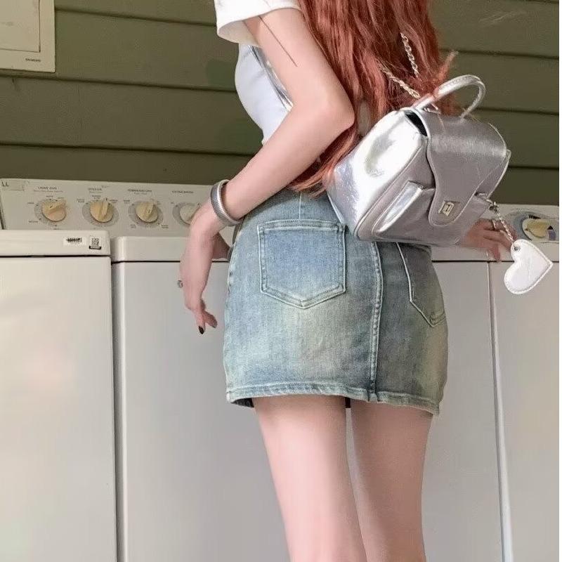 2025 Summer Women's High Waist Distressed Denim A-Line Skirt