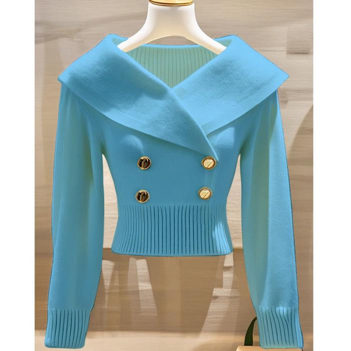 2026 Autumn/Winter French Chic White Lapel Knitwear: Women's Elegant, Waist-Cinched Slimming Sweater.