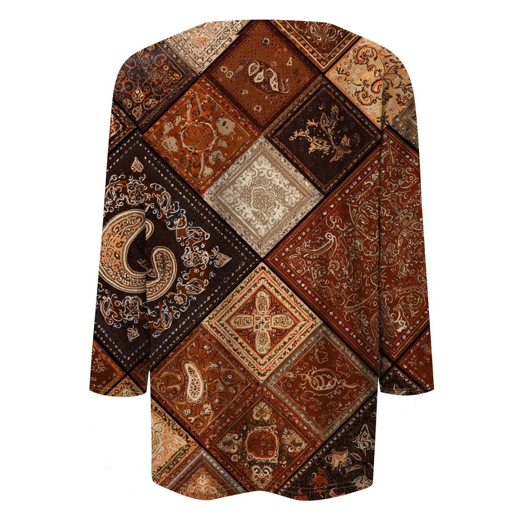 Women's Fashion Casual Round Neck Three-quarter Sleeve Retro Floral Print T-shirt Top