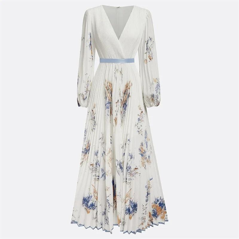 Spring Summer Ladies Elegant Dress Sexy V Neck Print Long Sleeve Big Swing A Line Holiday Dress Women Maxi Dresses Clothing