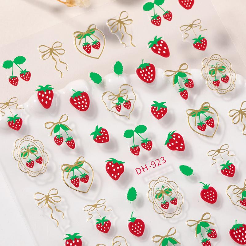 Fresh Sweet Fruits Strawberry Cherry Bowknot Love Heart Bow 5D Nail Art Stickers Self Adhesive Decorations Nail Manicure Decal