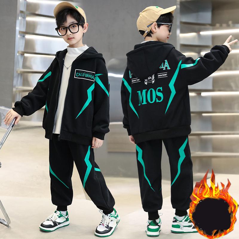 Jesienno-zimowy, duży, dziecięcy, swobodny, trzyczęściowy garnitur dla chłopców, plus aksamitny, pogrubiony garnitur dla chłopców, dwuczęściowy garnitur dla chłopców