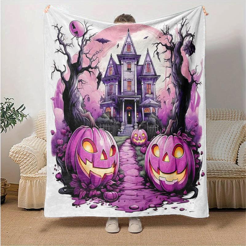 1pc Purple Pumpkin Halloween Cartoon Blanket  Soft and Cozy Throw for Home Decor, Perfect Gift, Living Room, Travel, Camping, Car Blankets