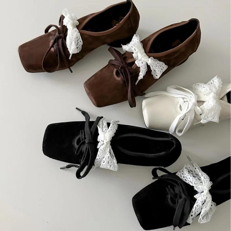 Fashion French Style Low Heel Mary Jane Shoes for Women Fashion Faux Suede Lolita Square Toe Lace Up Chunky Heel Casual Designer Shoes