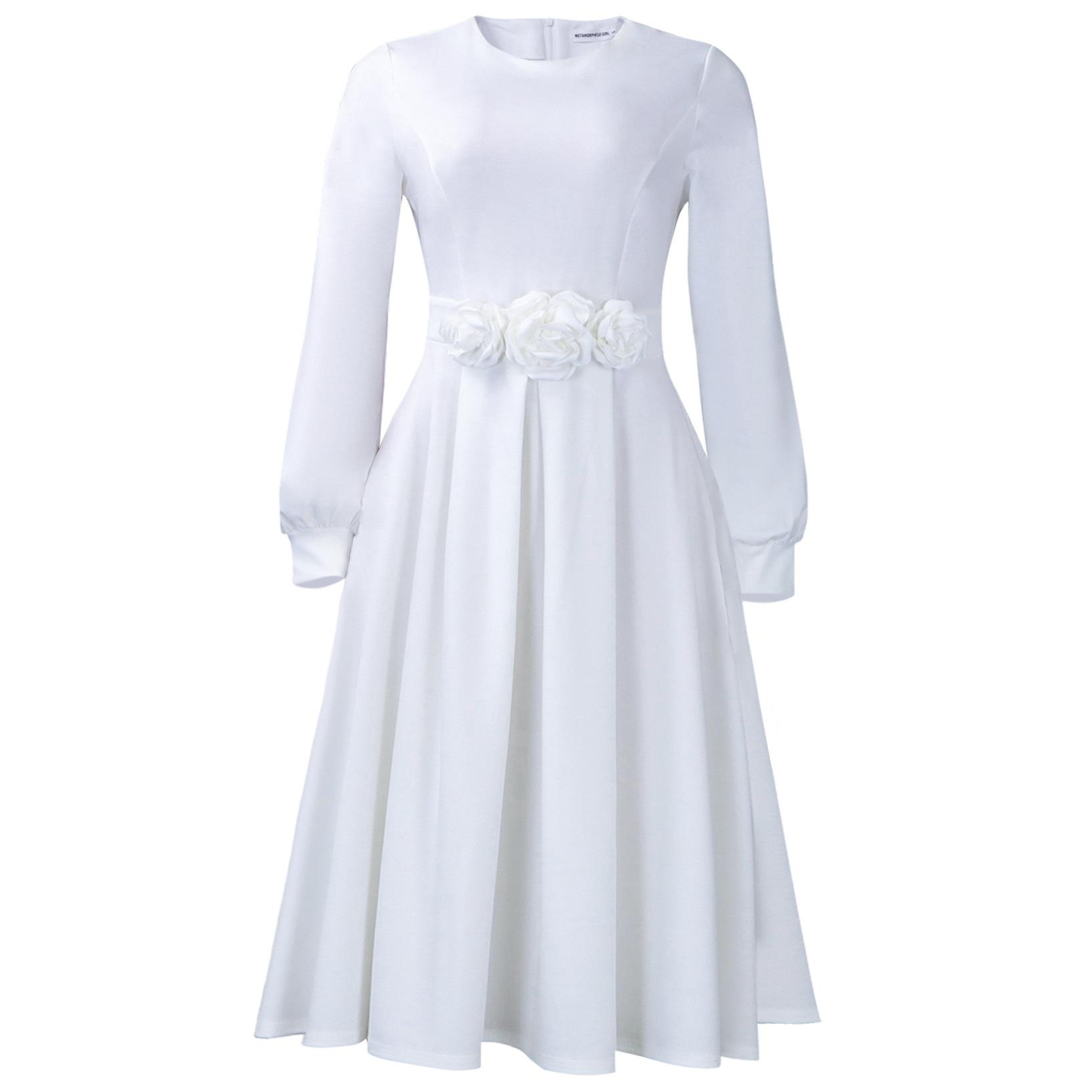 

Women s autumn new slim-fitting and thin solid-color temperament round neck long-sleeved dress S