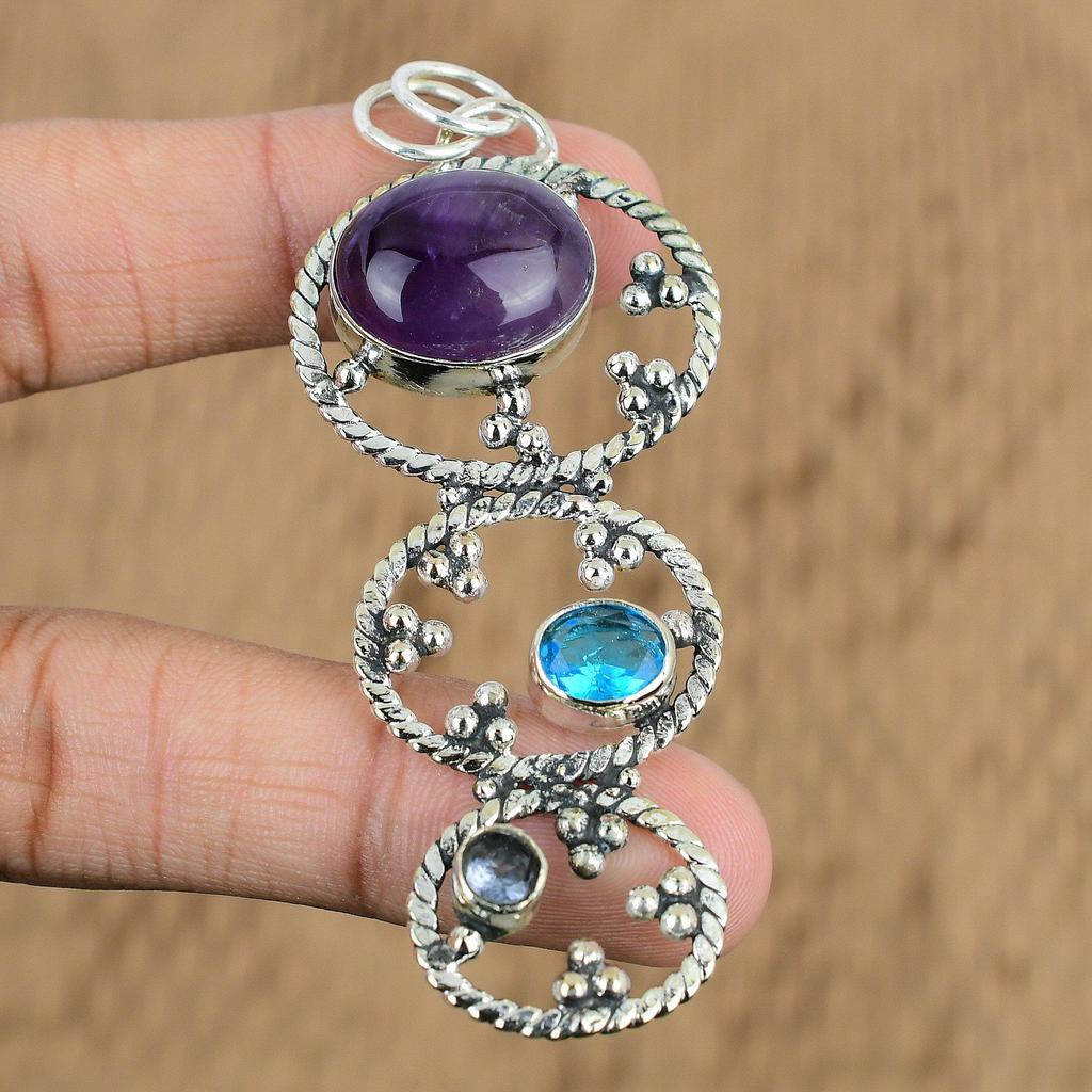 Sterling Silver Oval Natural African Amethyst Swiss Blue Topaz Trendy Pendant