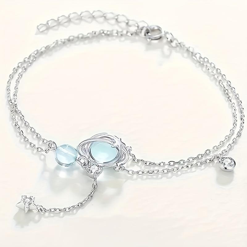 925 silver fashion moonstone and Saturn and astronaut charm double bracelet, fresh and stylish summer space women s jewelry bracelet 1