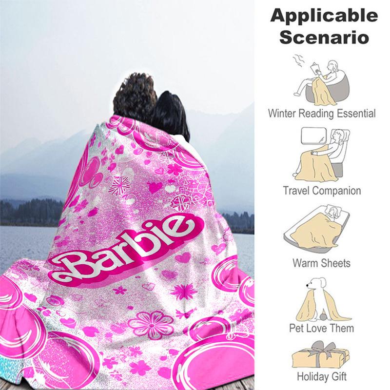 1pc Barbie Pink Floral Pattern Cartoon Blanket,Portable Throw for Travel & Camping, All Season Cozy Blanket,Ideal Gift