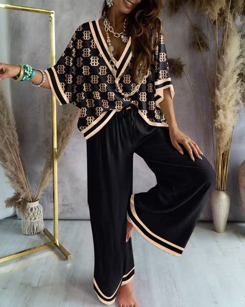 1116 New European and American Style V-neck Printed Bat-sleeved Wide-leg Pants Set Women's Casual Two-piece Set