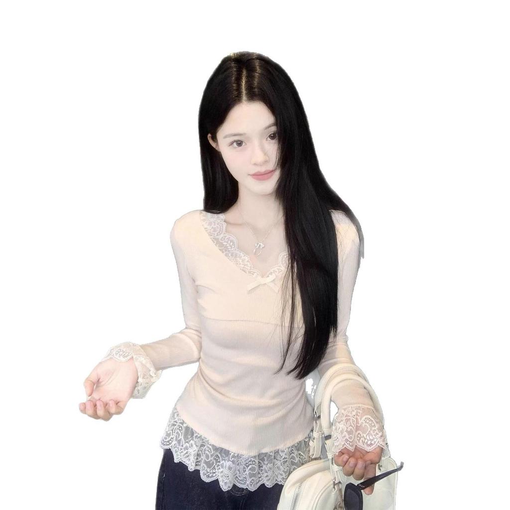 Song Zheng En Women's Apricot Lace Long Sleeve Slim Fit T-shirt for Autumn/Winter