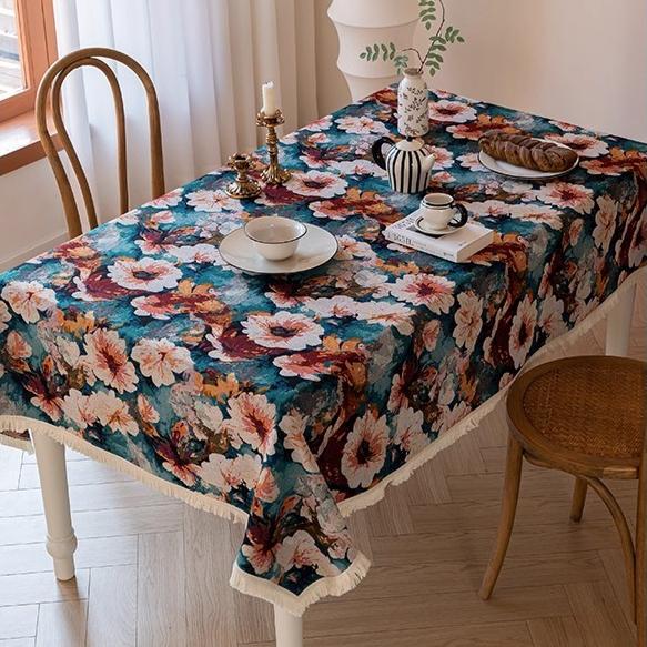American Retro Country Tablecloth with Beige Tassel Rectangle Coffee Table Dining Table Cover Decorative Cloth for Festivals