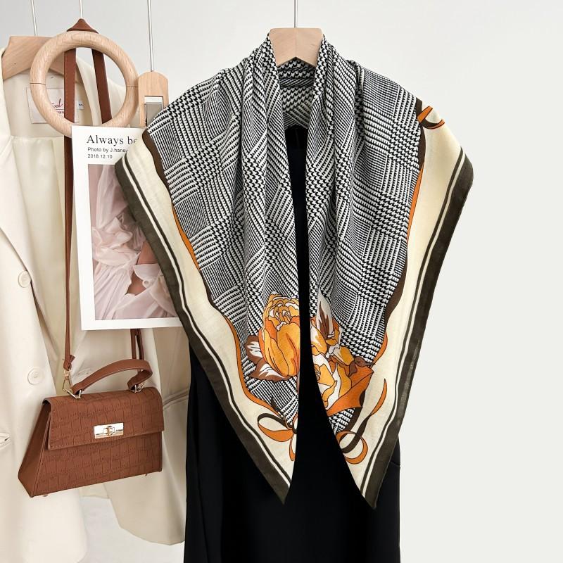 New stylish and simple 91 * 91 square scarf versatile premium bag head scarf thousand bird grid printing imitation cashmere scarf
