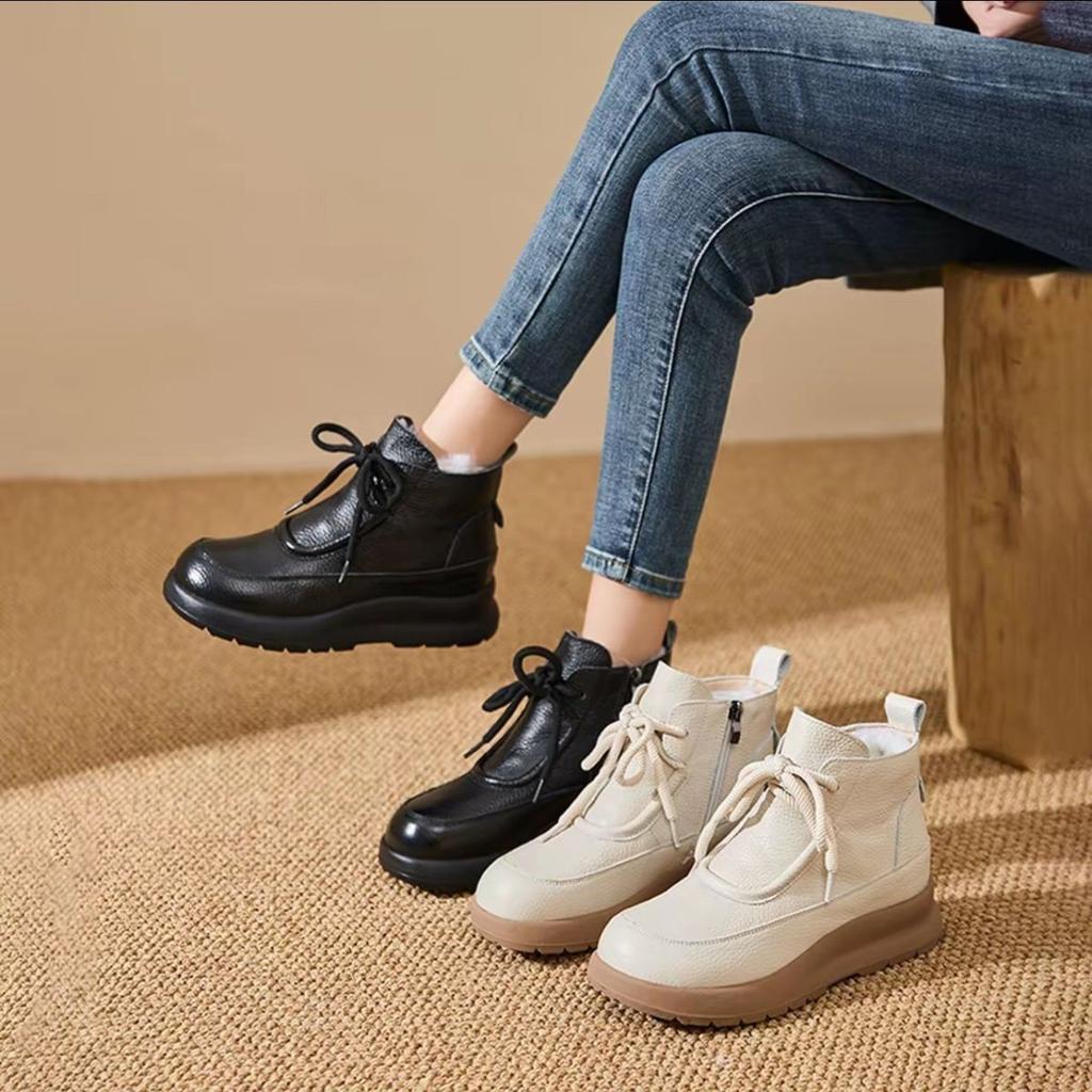 Soft leather thick-soled heightening short boots women's new autumn and winter versatile fur integrated fleece warm snow boots