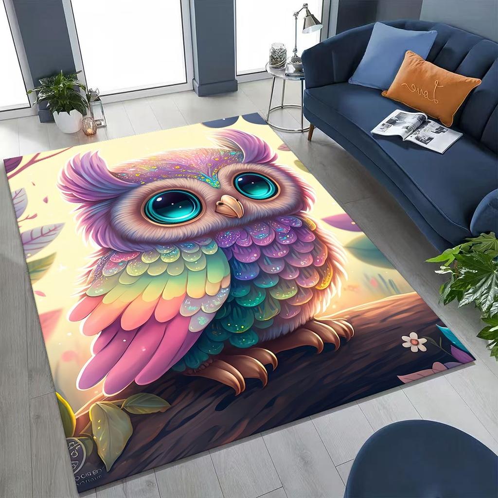 New Mysterious Owl Colorful Cartoon Birds Rug for Bedroom Living Room Sofa Home Doormat Decor,Large Kid Non-slip Floor Mat
