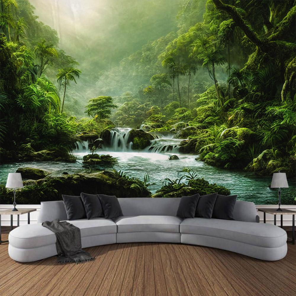 Bohemian style home decoration wall hanging forest waterfall tapestry landscape background cloth bedroom living room dormitory