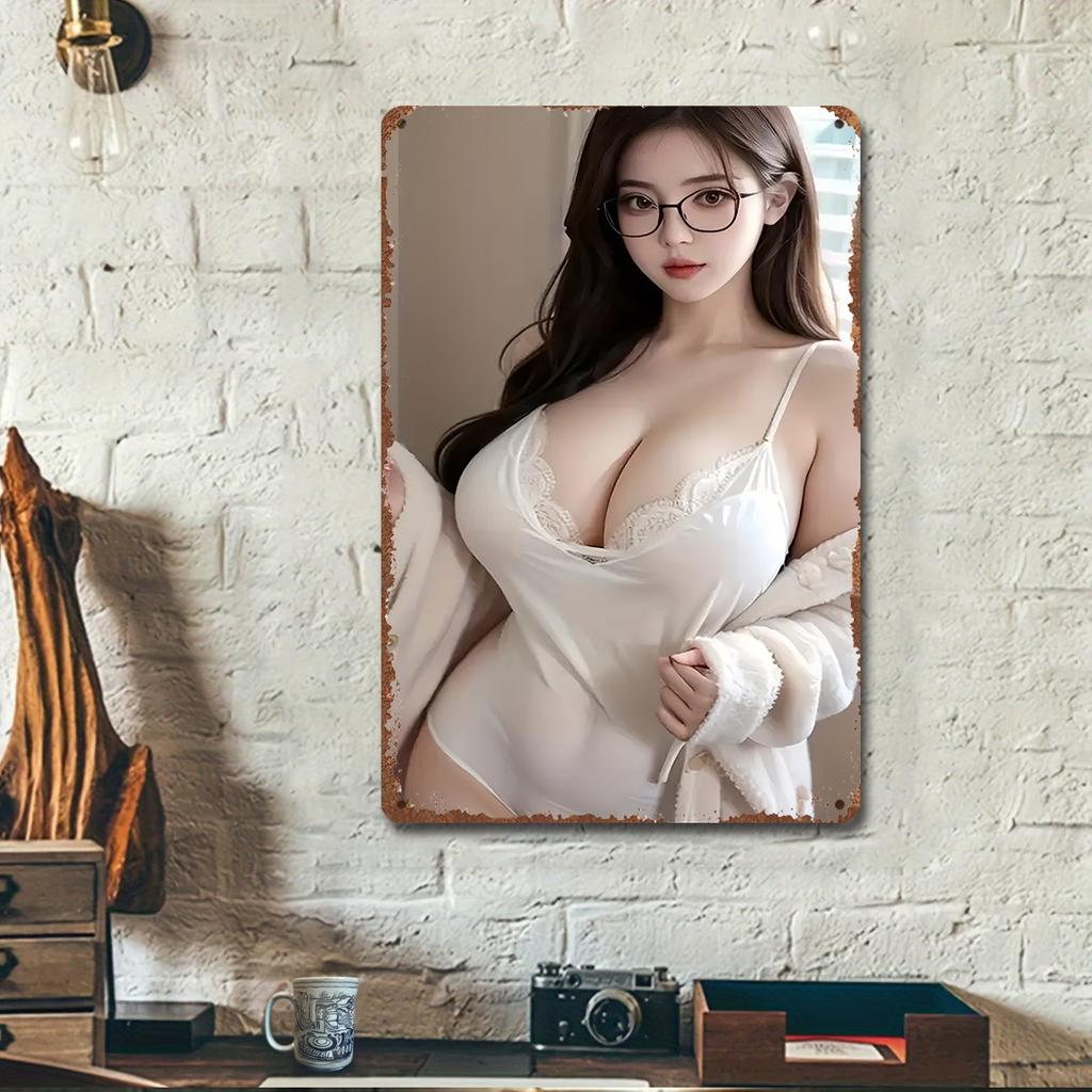 HighDefinition Metal Tin Sign Woman in White Lingerie and Robe with Glasses Indoor Portrait Retro Metal Wall Art Decor